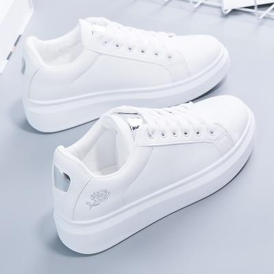 Stylish white faux leather women's sneakers with subtle metallic accents, designed for all-day comfort.