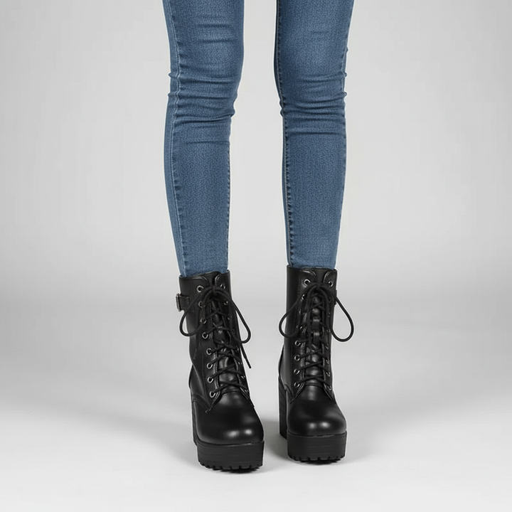 Fashion-forward women's black lace-up combat boots with a chunky sole, offering durability, comfort, and versatile style.