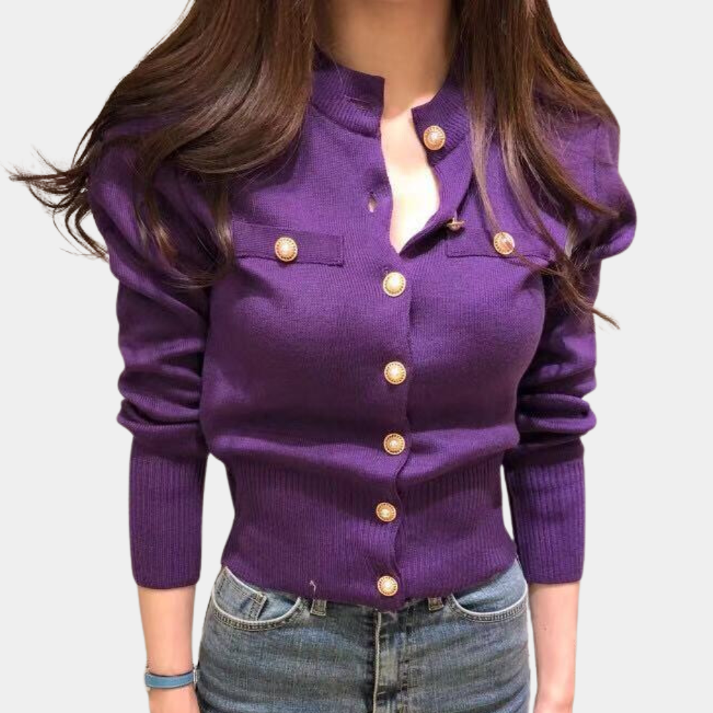 Elegant women's classic button-front cardigan, a cozy and stylish long-sleeve knit for everyday fashion.