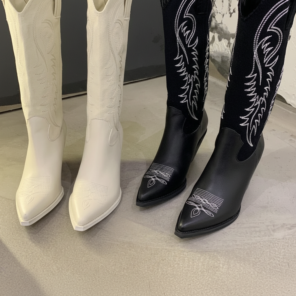Fashionable women's Western cowboy boots, classic design in vegan leather, perfect for autumn outfits.