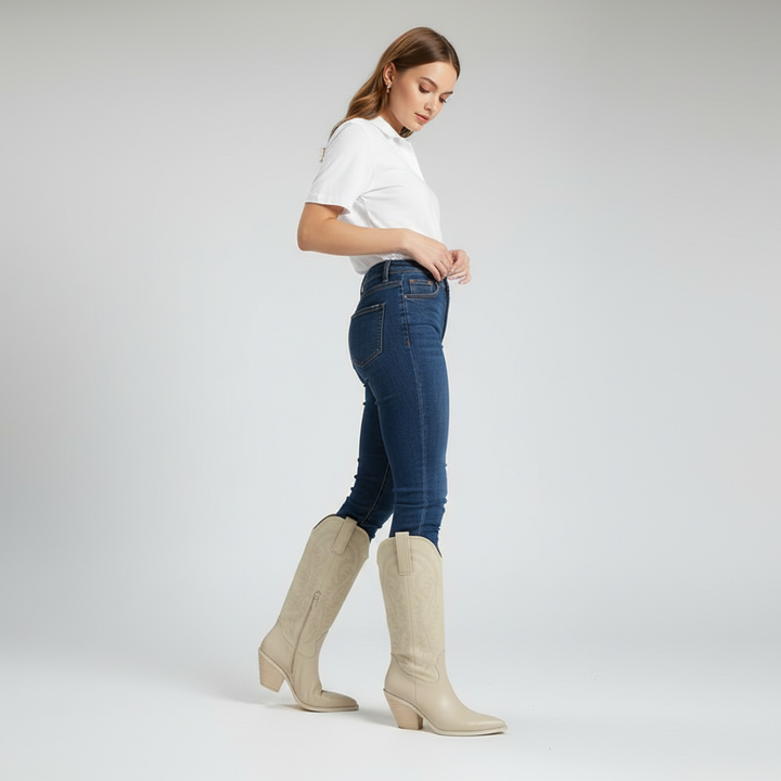 Stylish women's vegan leather cowboy boots, Emma model, ideal for a chic Western autumn look.
