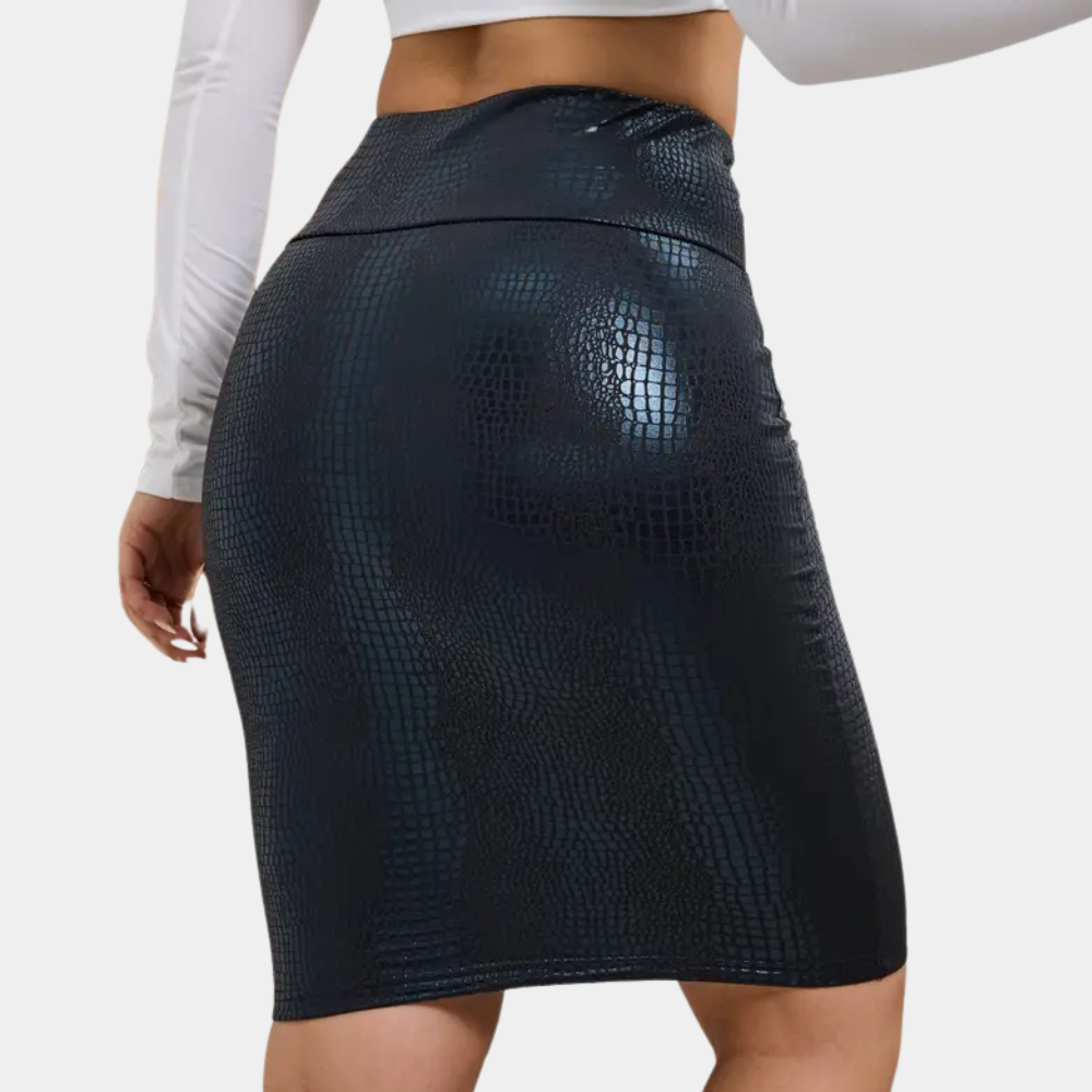 Elegant black midi pencil skirt for women, a stylish choice for formal events and office fashion.