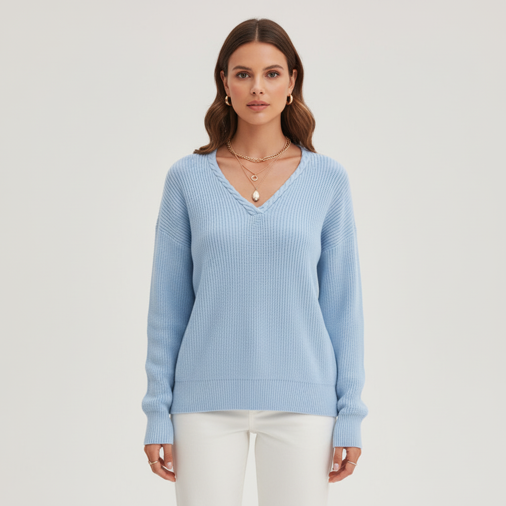 Casual women's V-neck knit sweater in a neutral color, suitable for everyday autumn and winter outfits.