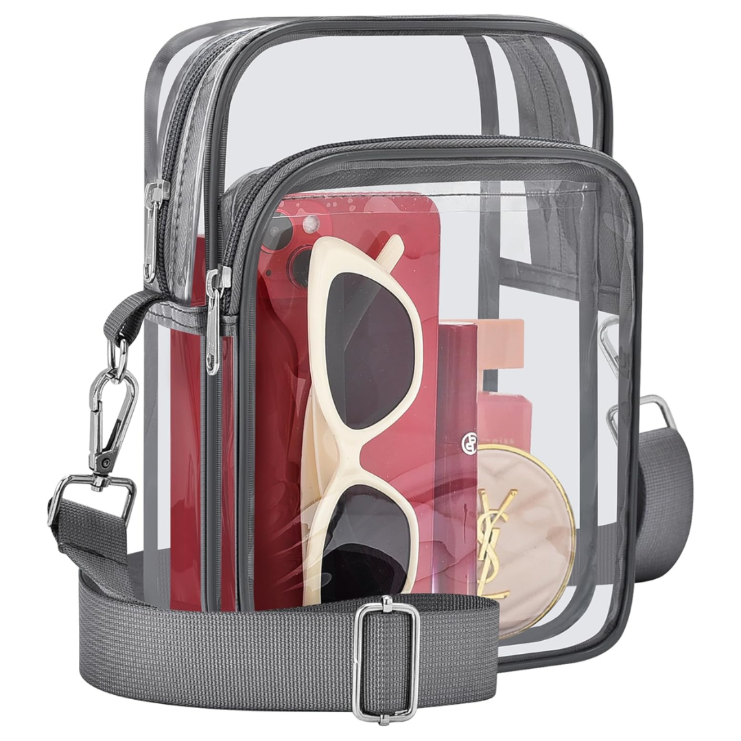 Clear event bag for women, stadium approved, featuring a flexible removable and adjustable strap