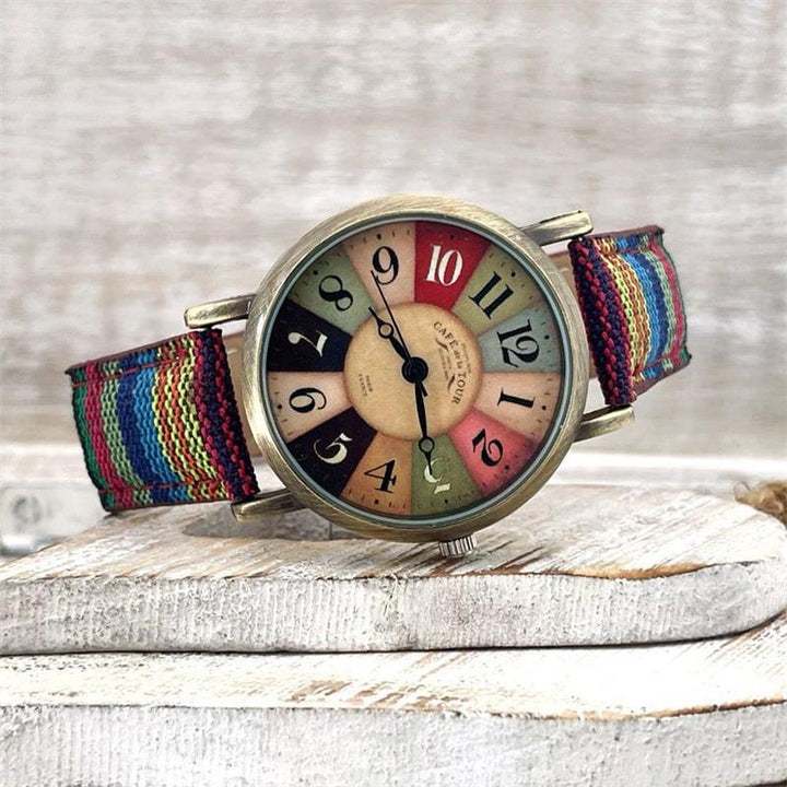Women's colorful rainbow pattern watch with an elegant braided strap, perfect fashion accessory for casual wear