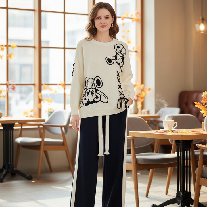 Women's comfort two-piece sweater and pant set in a soft cotton blend, perfect for lounge wear and fall fashion.