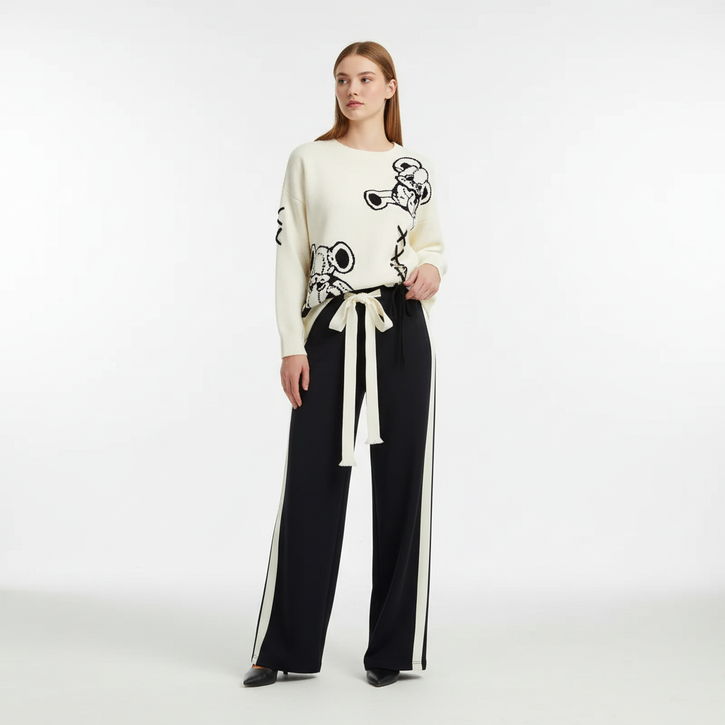 Casual women's two-piece sweater set, Petra, in a comfortable cotton blend for cozy winter wear.