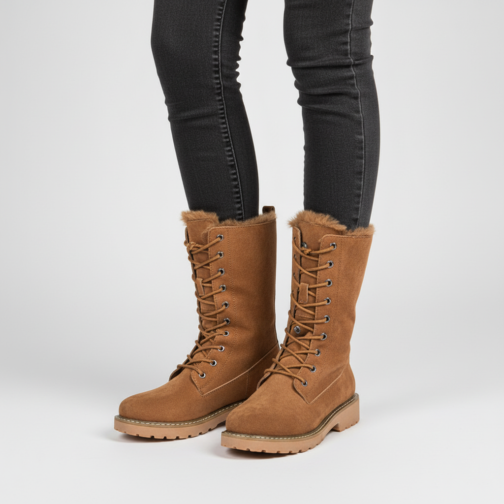 Fashionable women's lace-up mid-calf boots, Alicia model, suitable for chic fall and winter street style.
