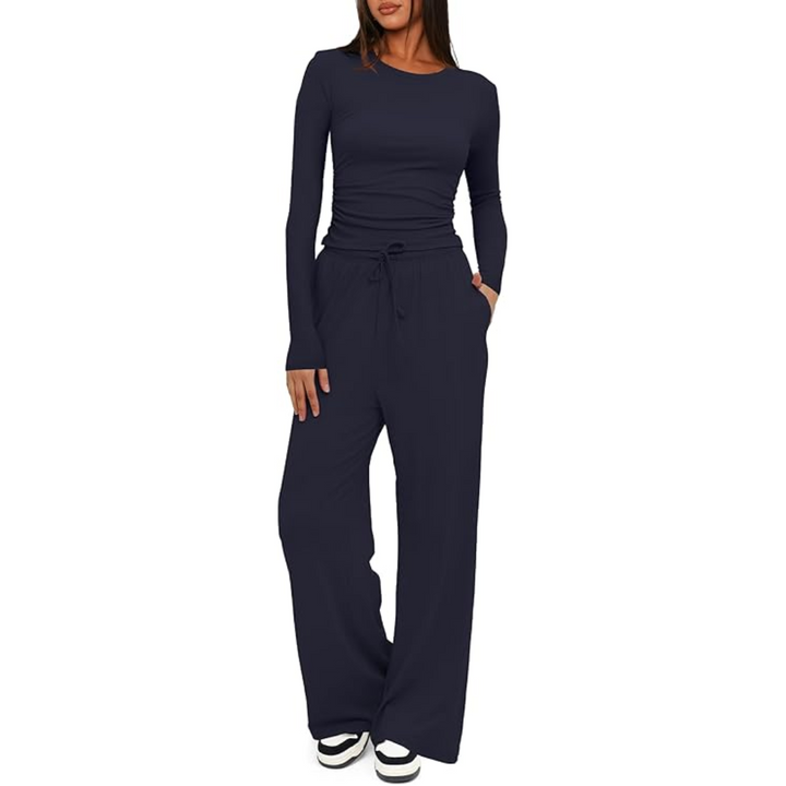 Matching women's clothing set: long sleeve top and wide leg pants for relaxing casual wear