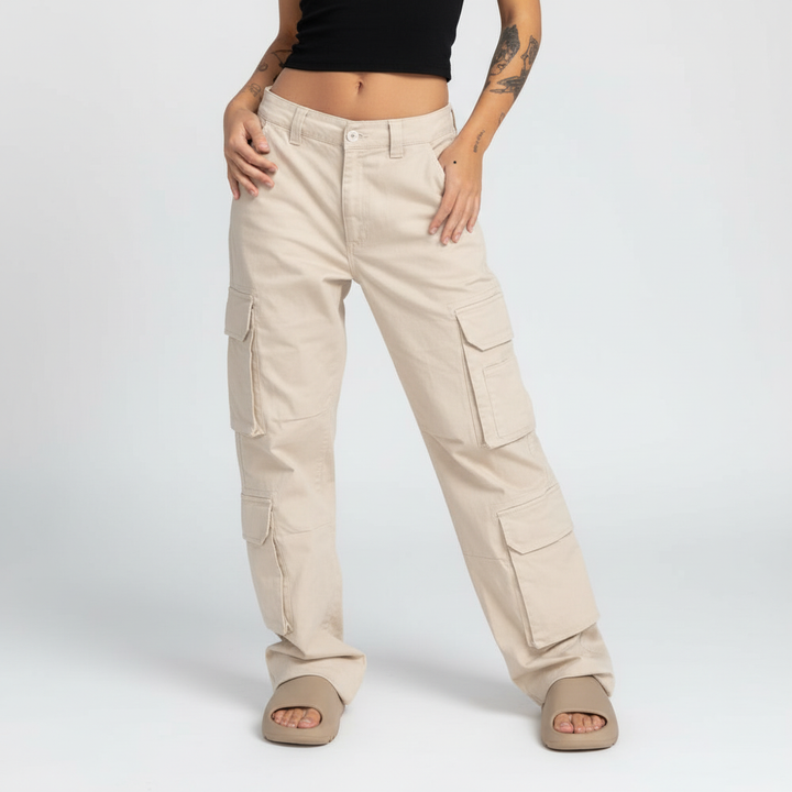 High-angle shot of folded women's khaki baggy cargo pants, emphasizing comfortable and versatile design