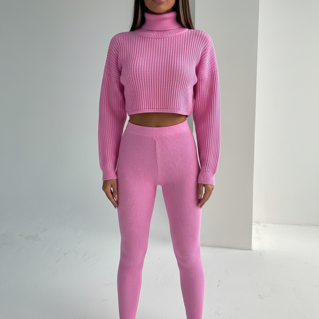Fashionable women's crop top and fitted trousers loungewear set, designed for ultimate comfort