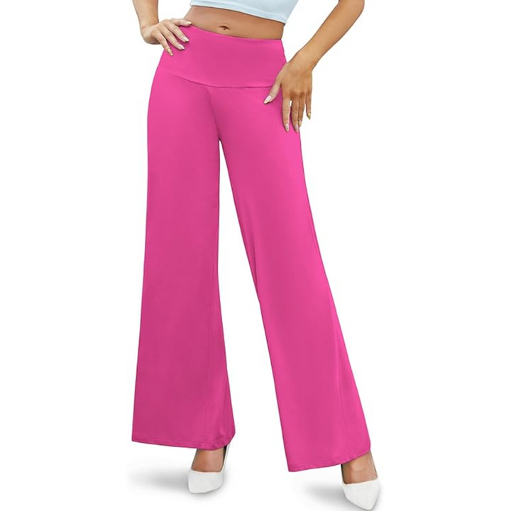 Profile view of a woman dressed in fashionable high waist wide leg palazzo trousers, Oriana design.