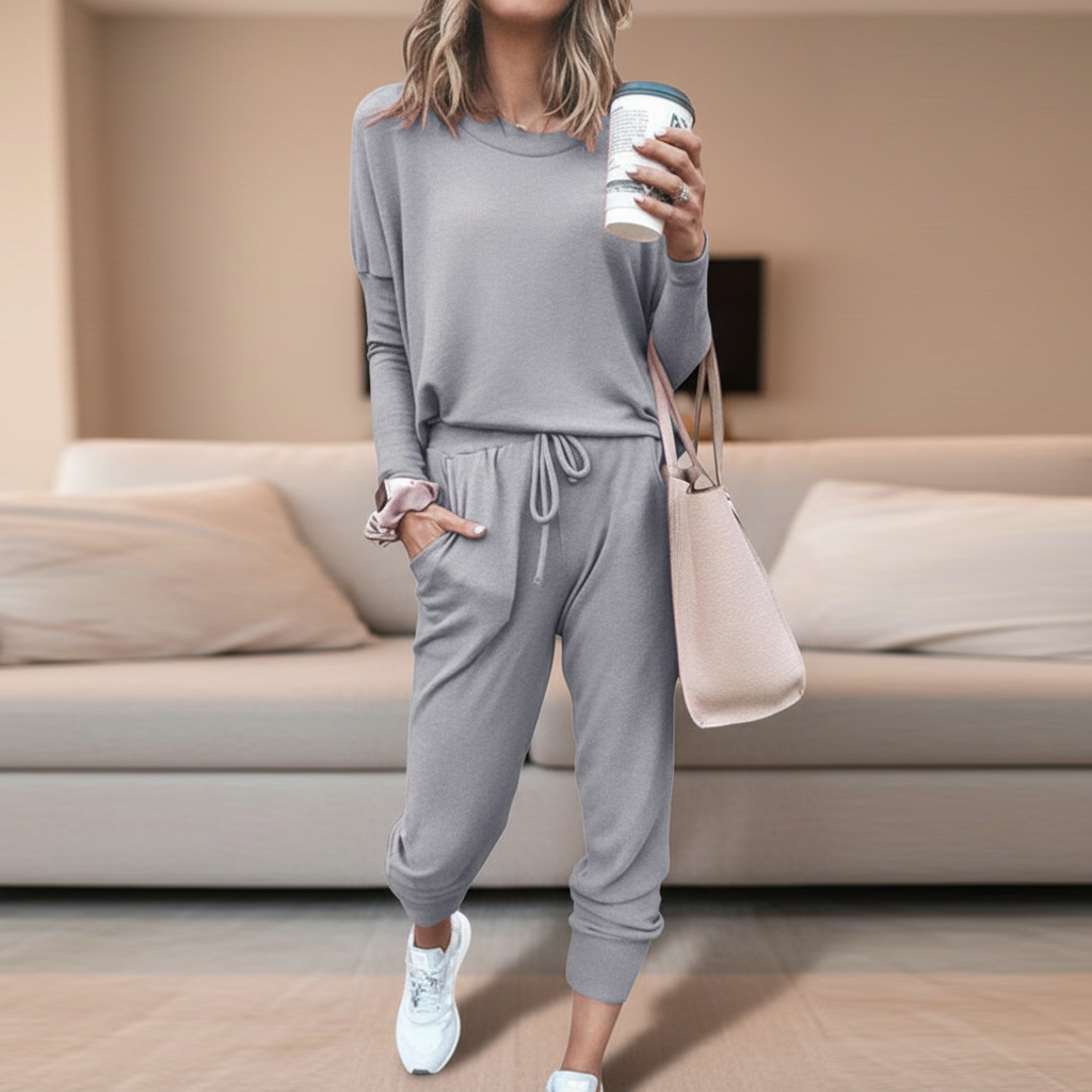 Women's comfortable loungewear two-piece set, long sleeve top & elastic waist pants, stretch fabric.