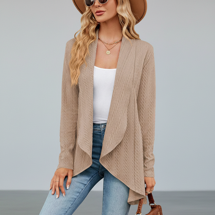 Women's open front cardigan in full length, showcasing its potential as a layering piece