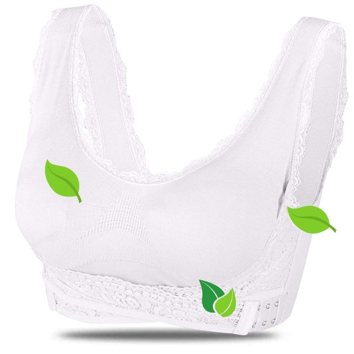 Elegant women's comfort bra with posture support, featuring subtle lace & wide straps for a natural, lifted look.