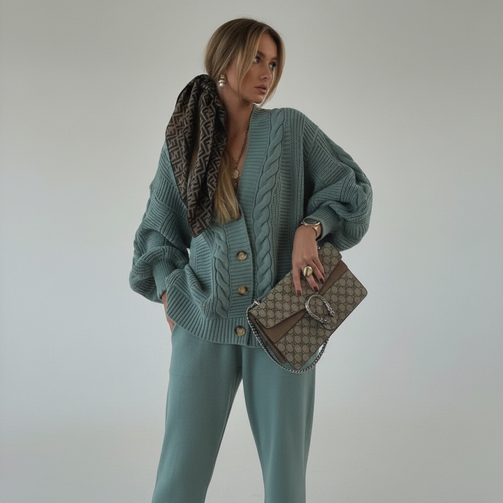 Stylish women's ribbed knit cardigan, buttoned up, showcasing its comfortable and casual fit.