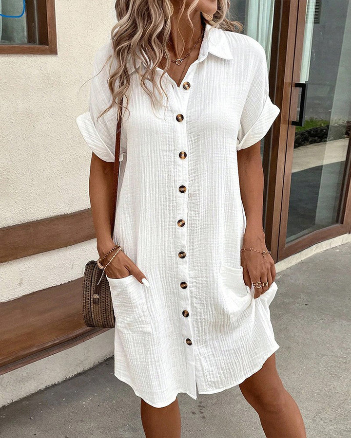 Comfortable short-sleeve summer dress for women. Button closure makes it ideal for casual & holiday wear.
