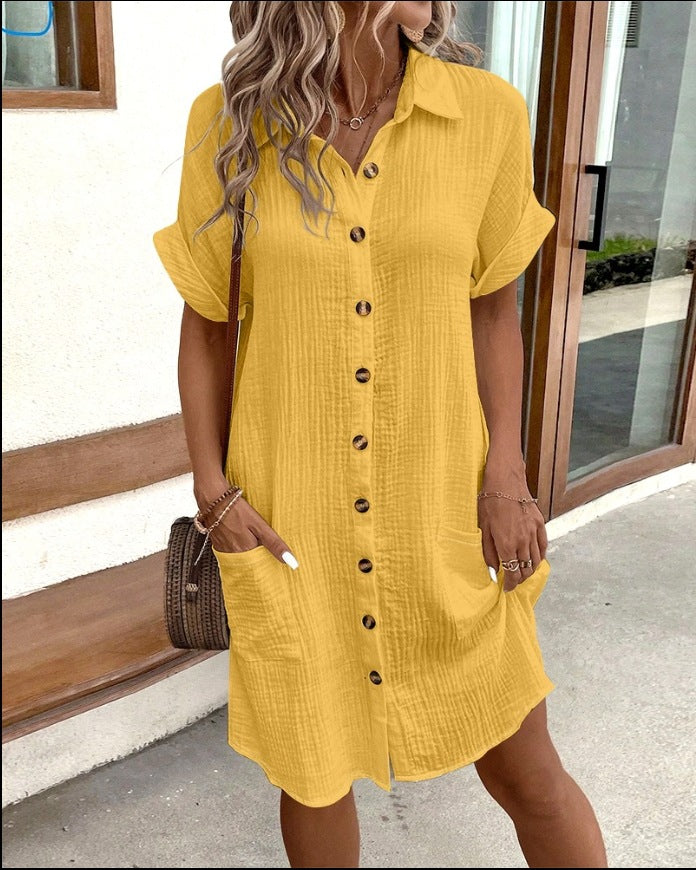 Short sleeve button-down summer dress for women. A comfortable and casual choice for warm weather fashion.