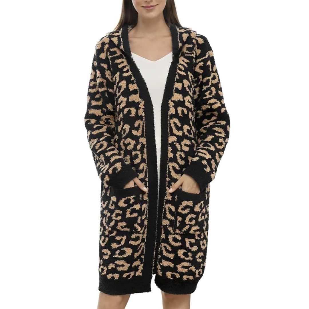 Plush women's leopard print hooded robe, a comfortable spa bathrobe for relaxation