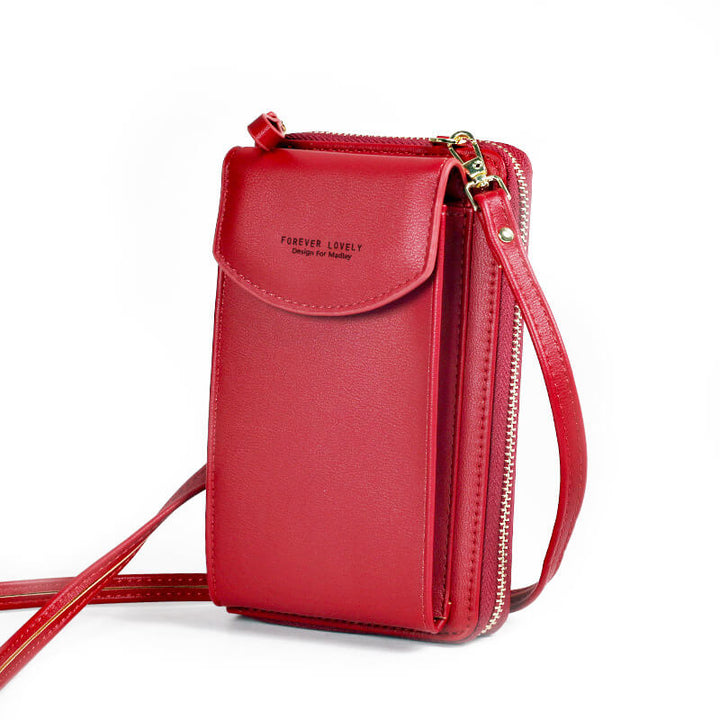 Side view of a compact women's PU leather bag, showcasing its slim profile and adjustable strap