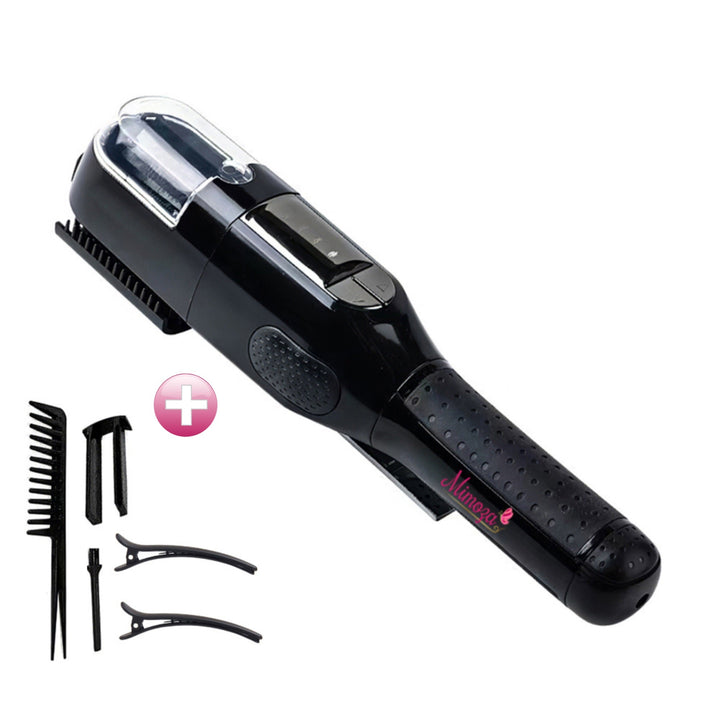 Woman using a split ends hair trimmer for professional-looking, healthy hair at home.