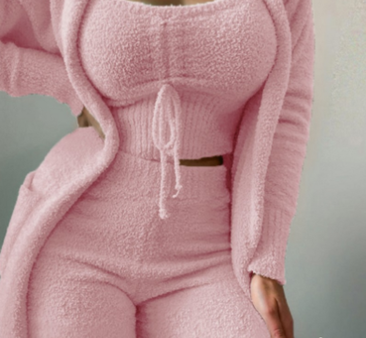 Complete women's cozy 3-piece lounge set: long cardigan, cami, and shorts, ideal for casual home comfort.