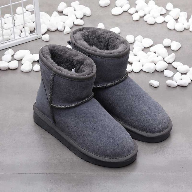 Gray women's cozy ankle boots. Comfortable, warm winter snow boots for stylish cold weather outfits.