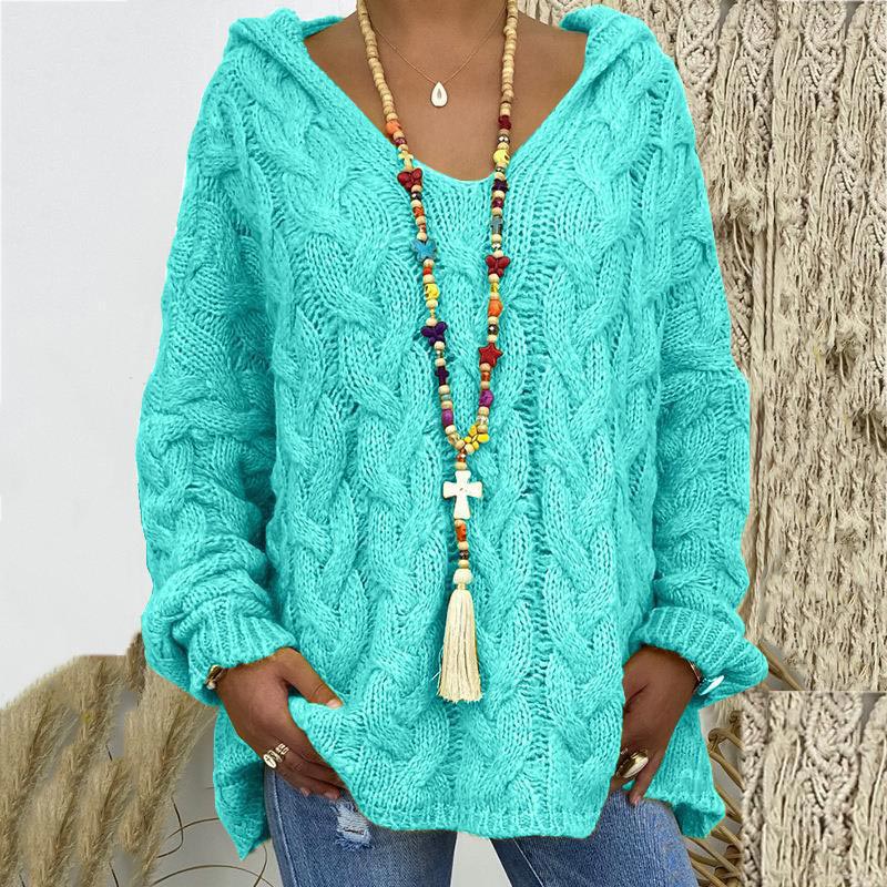 Women's long sleeve cable knit sweater featuring a cozy, warm, and comfortable relaxed fit.