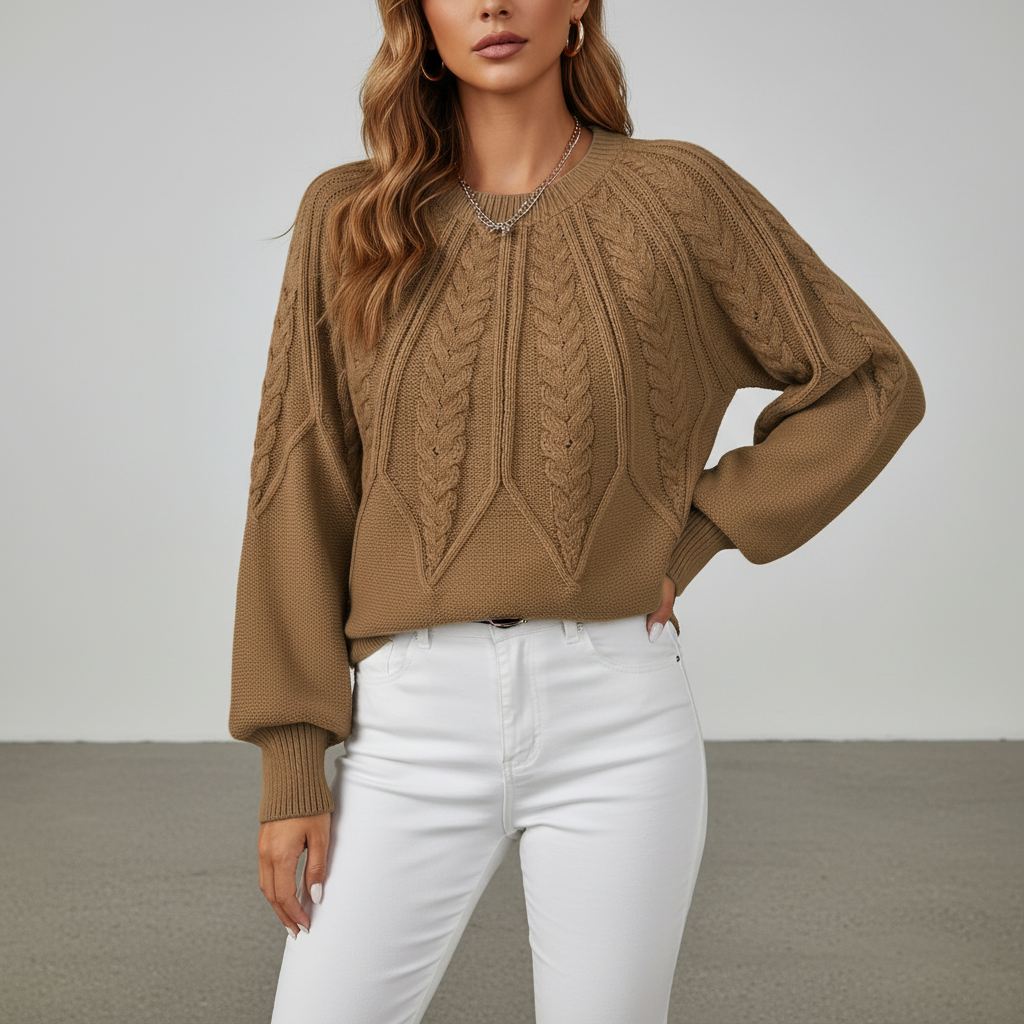 Back view of women's cozy cable knit sweater, showing regular fit and knit texture, autumn fashion