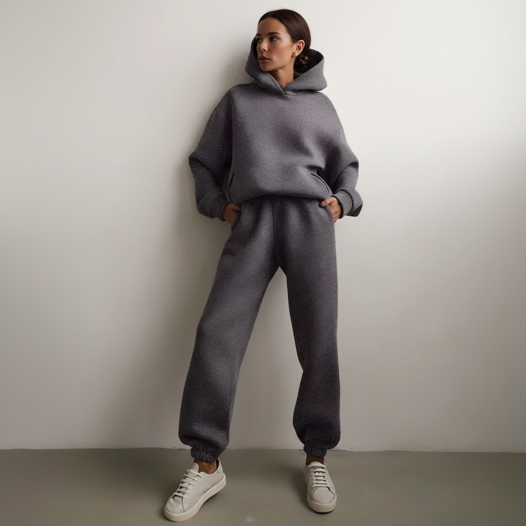 Full shot of the women's hoodie and jogger lounge set, highlighting its cozy design.