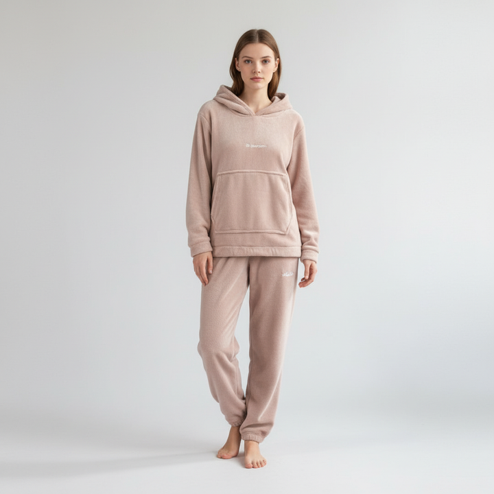 Women's warm fleece matching set with hood, designed for ultimate coziness.