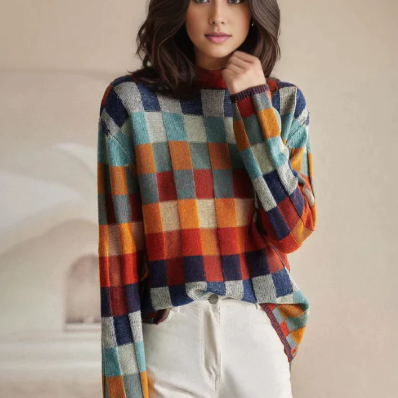 Women's cozy high-neck melange knit sweater, perfect for autumn warmth & elegant winter style.