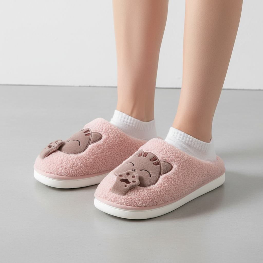 Top view of women's warm plush slippers, brown, designed for ultimate indoor relaxation