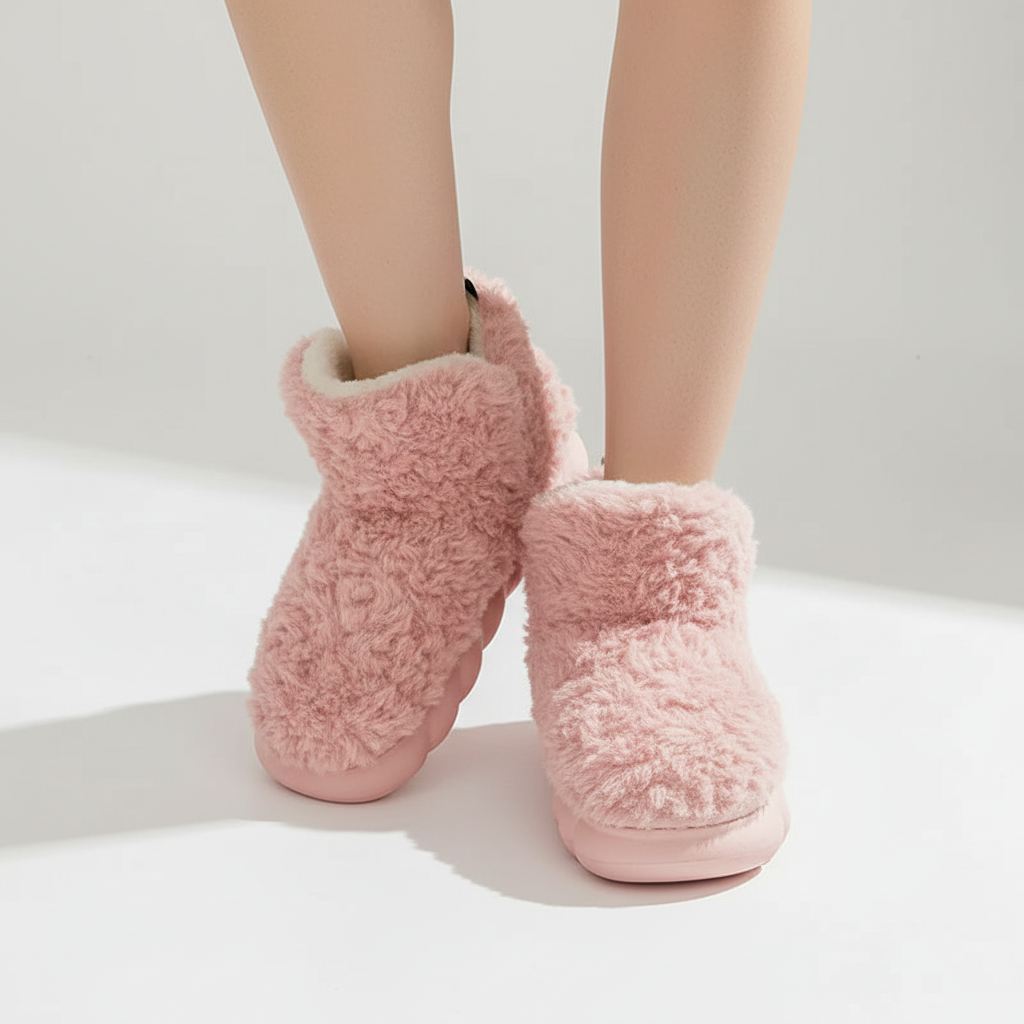 Comfortable women's black plush slippers, WarmStep brand, with a flat heel for indoor-outdoor use