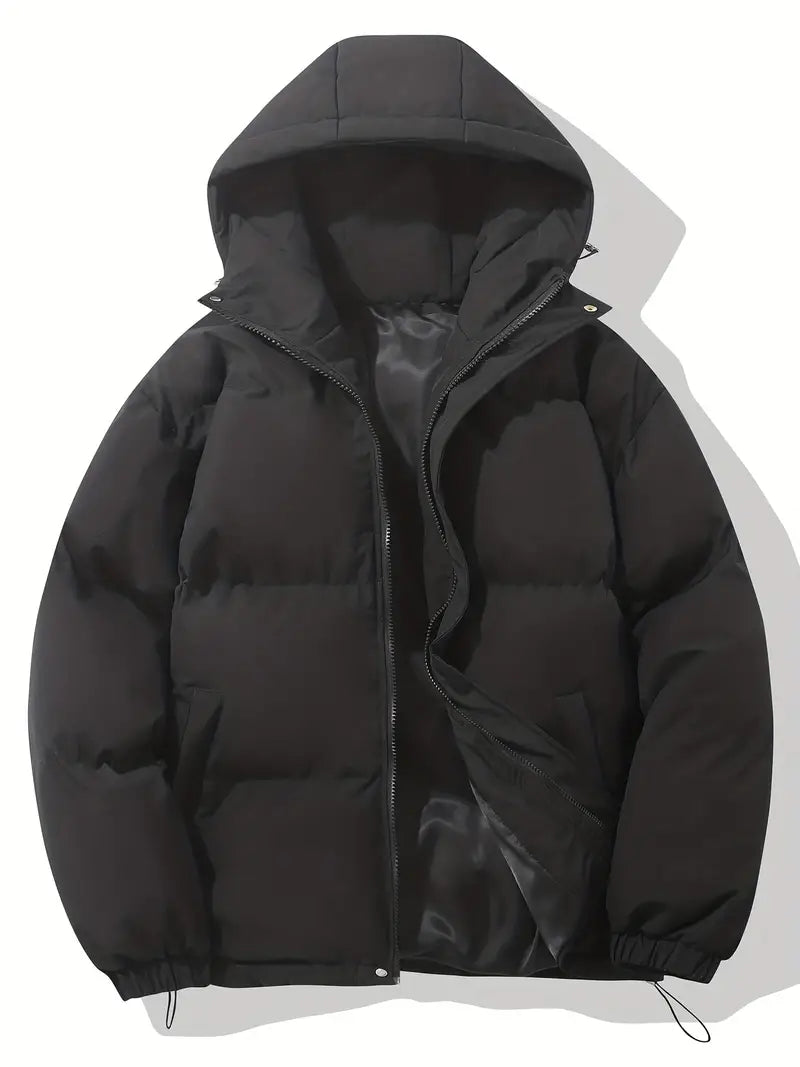 Women's cozy hooded winter jacket, hood down. Stylish & warm long-sleeve outerwear for casual comfort.