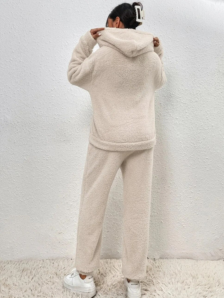 Soft Lana teddy loungewear set, hooded. Women's two-piece comfort wear for relaxation.