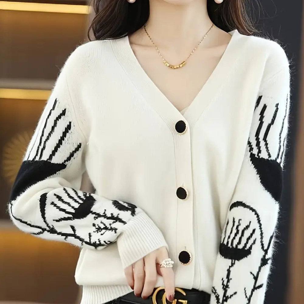 Women's soft feel V-neck cardigan sweater, a comfortable knit everyday layering piece for winter.