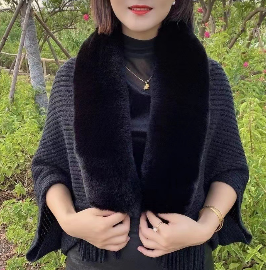 Elegant women's wrap cardigan. Cozy one-size layering piece with a luxurious faux fur collar for winter.
