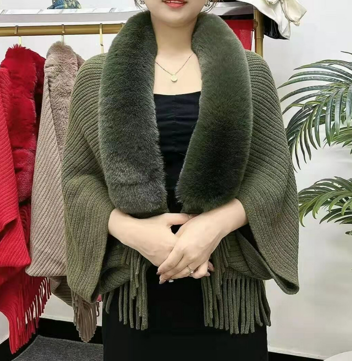 Luxurious women's wrap cardigan with elegant faux fur collar. Cozy, chic, and perfect for winter style.