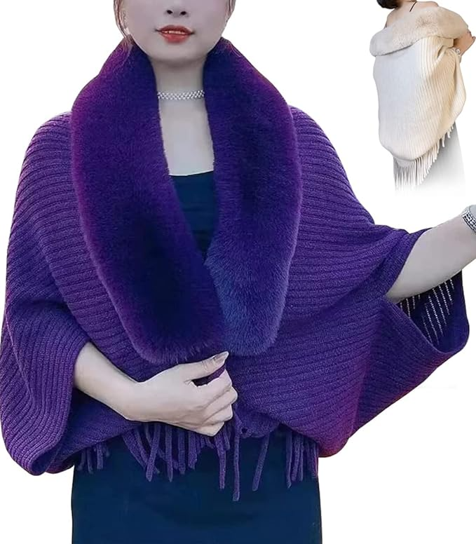 Versatile one-size women's wrap cardigan. Elegant faux fur collar for cozy fall & winter layering.