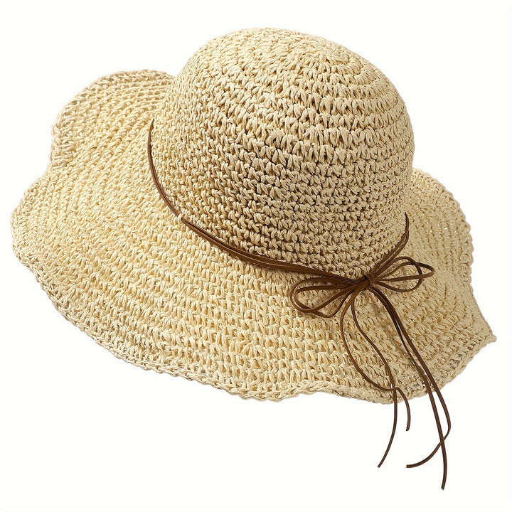 Wide-brimmed women's crochet boho straw sun hat, offering excellent protection for summer.