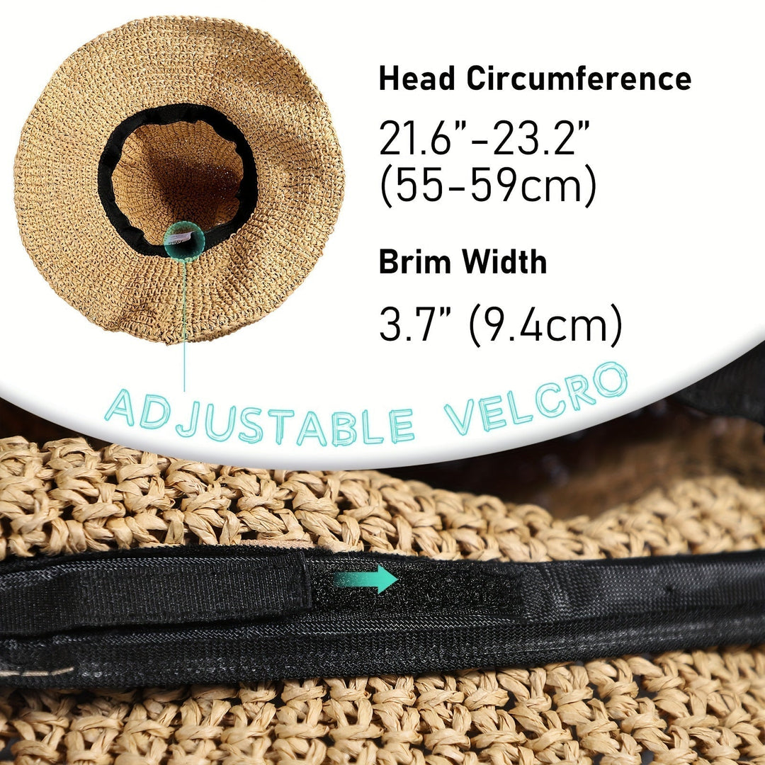 Elegant women's crochet boho straw hat, ready for summer adventures & beach style.
