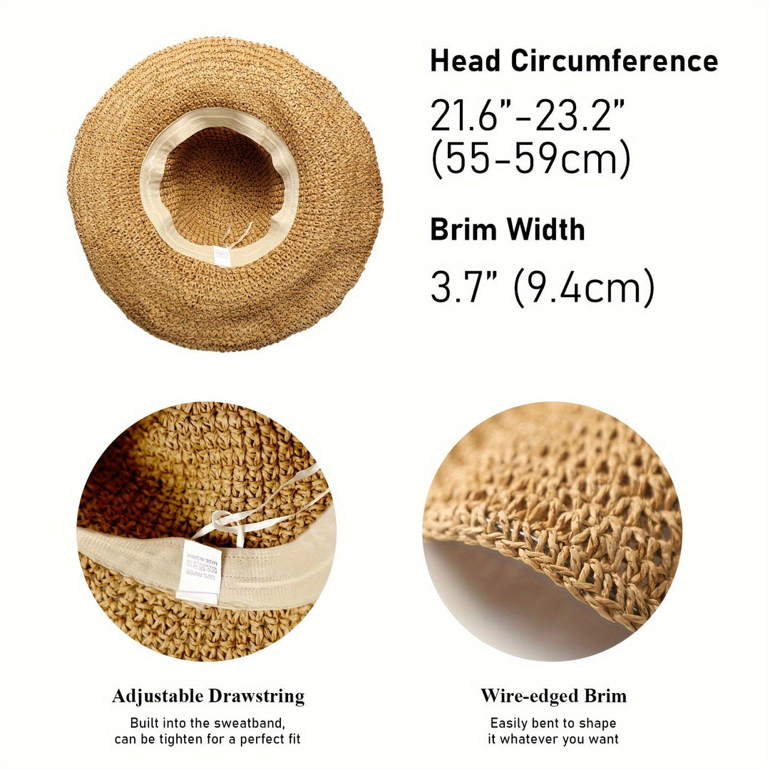 Stylish women's boho crochet straw sun hat, ideal for beach trips & summer outfits.