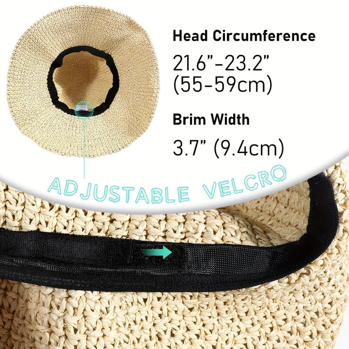 Foldable women's straw sun hat, essential for travel, beach days & summer protection.
