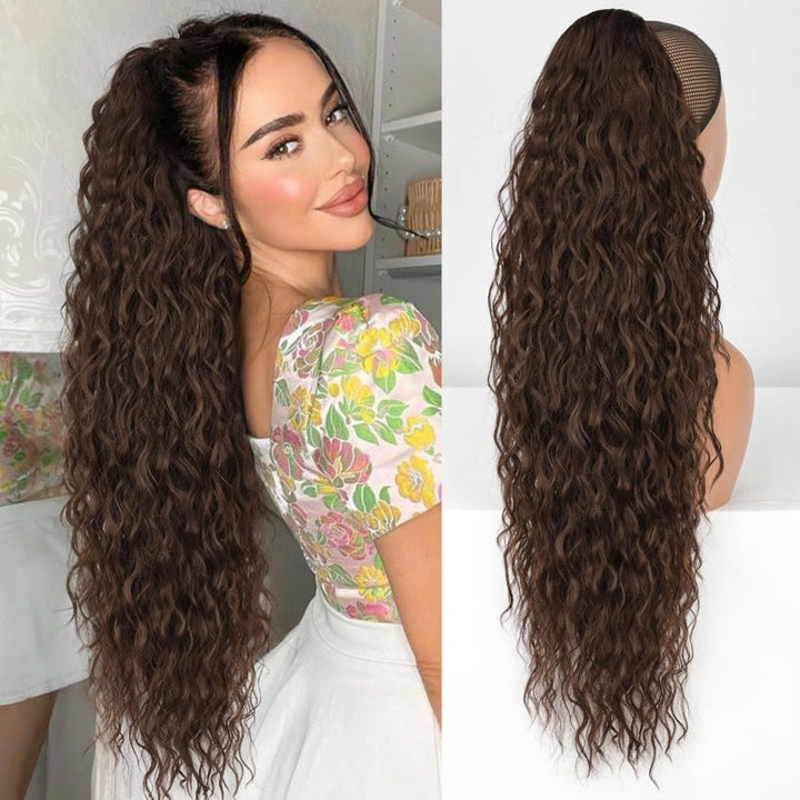 Synthetic heat-resistant curly ponytail hair extension, perfect for voluminous wavy styles.