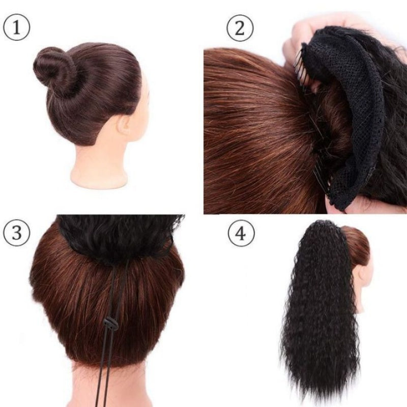 Natural-looking curly clip-in ponytail for women, enhancing hair with luxurious wavy volume.