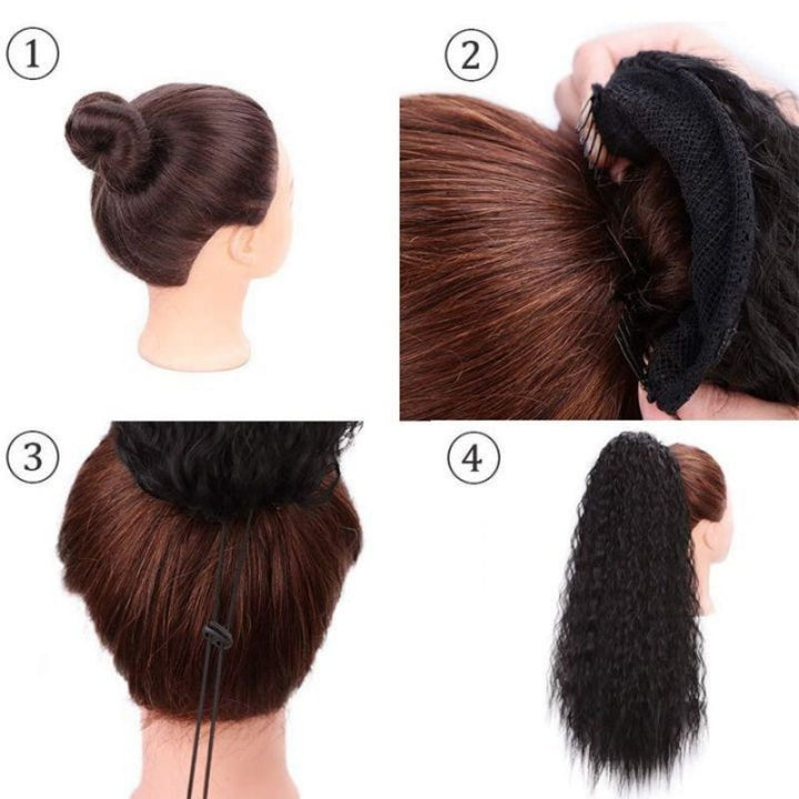 Natural-looking curly clip-in ponytail for women, enhancing hair with luxurious wavy volume.