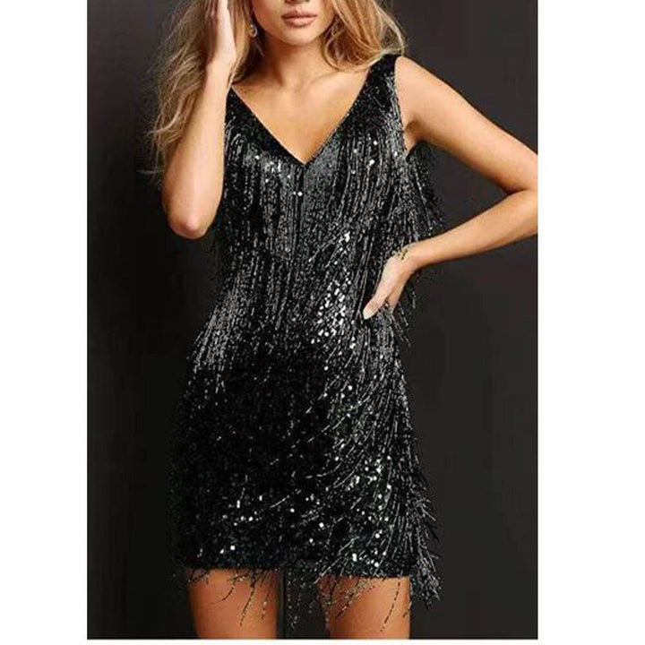Glamorous women's sequin mini dress with fringe, ideal for parties & special occasions.