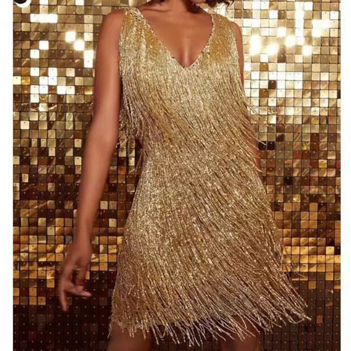 Elegant women's sequin mini dress featuring playful fringe, perfect for dazzling party nights.