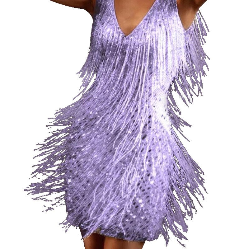 Captivating women's mini party dress with all-over sequins & dynamic fringe detail.